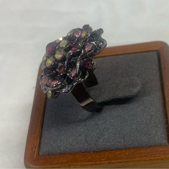 Rhinestone Victorian Bohemian Black Plated Floral Adjustable Band Ring - Picture 6 of 7